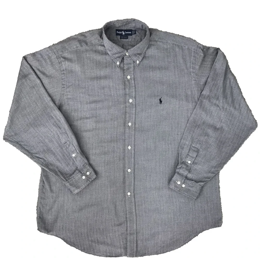 Ralph Lauren Button Down Shirt XXL Navy Herringbone Long Sleeve Pony 17.5 36/37 - Picture 2 of 10